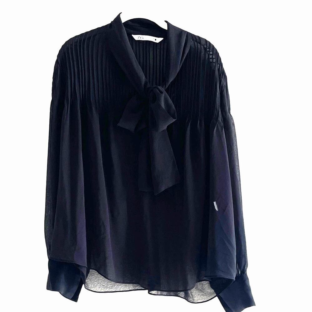 Zara Black Pleated Tie Neck Chiffon Blouse Size Large